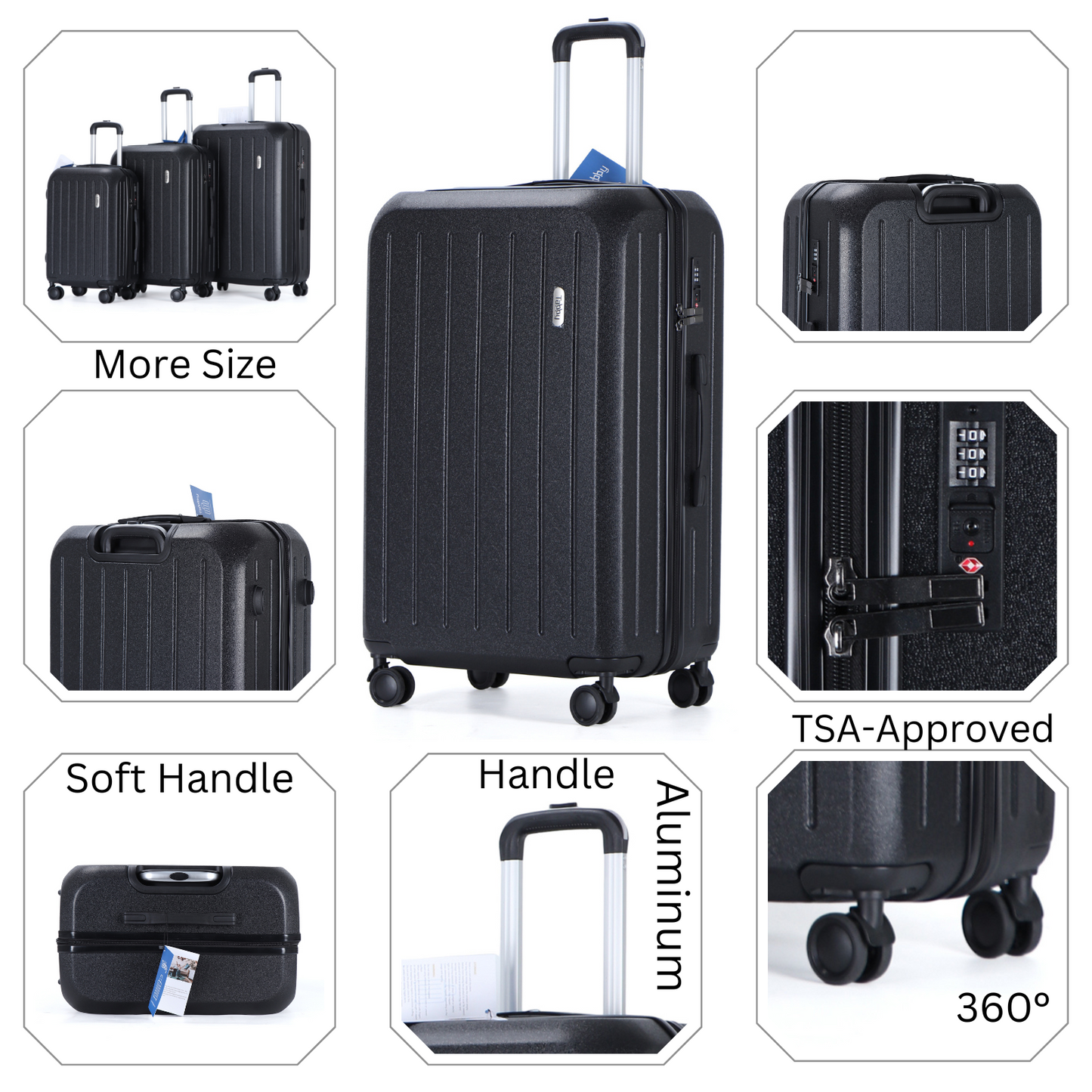 Easy Luggage Tabby Deluxe: ABS Suitcase with 4 Wheels, TSA Lock, Aluminum Frame - 20", 24", 28" Sizes - Black