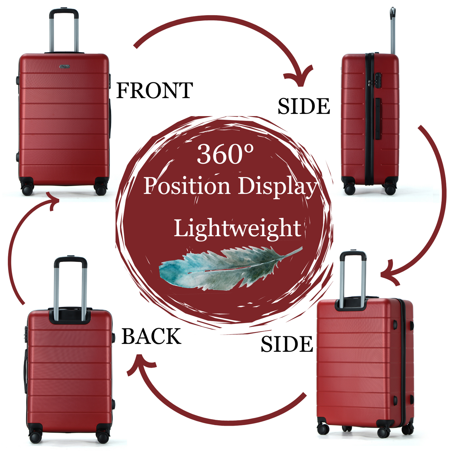 Easy Luggage Tabby Grooved 3 Piece Hard Shell Suitcase 360° Spinner Wheels Red Wine