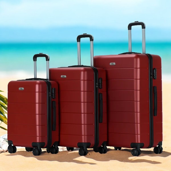 Tabby Grooved  3 Piece Hard Shell Suitcase 360° Spinner Wheels Red Wine