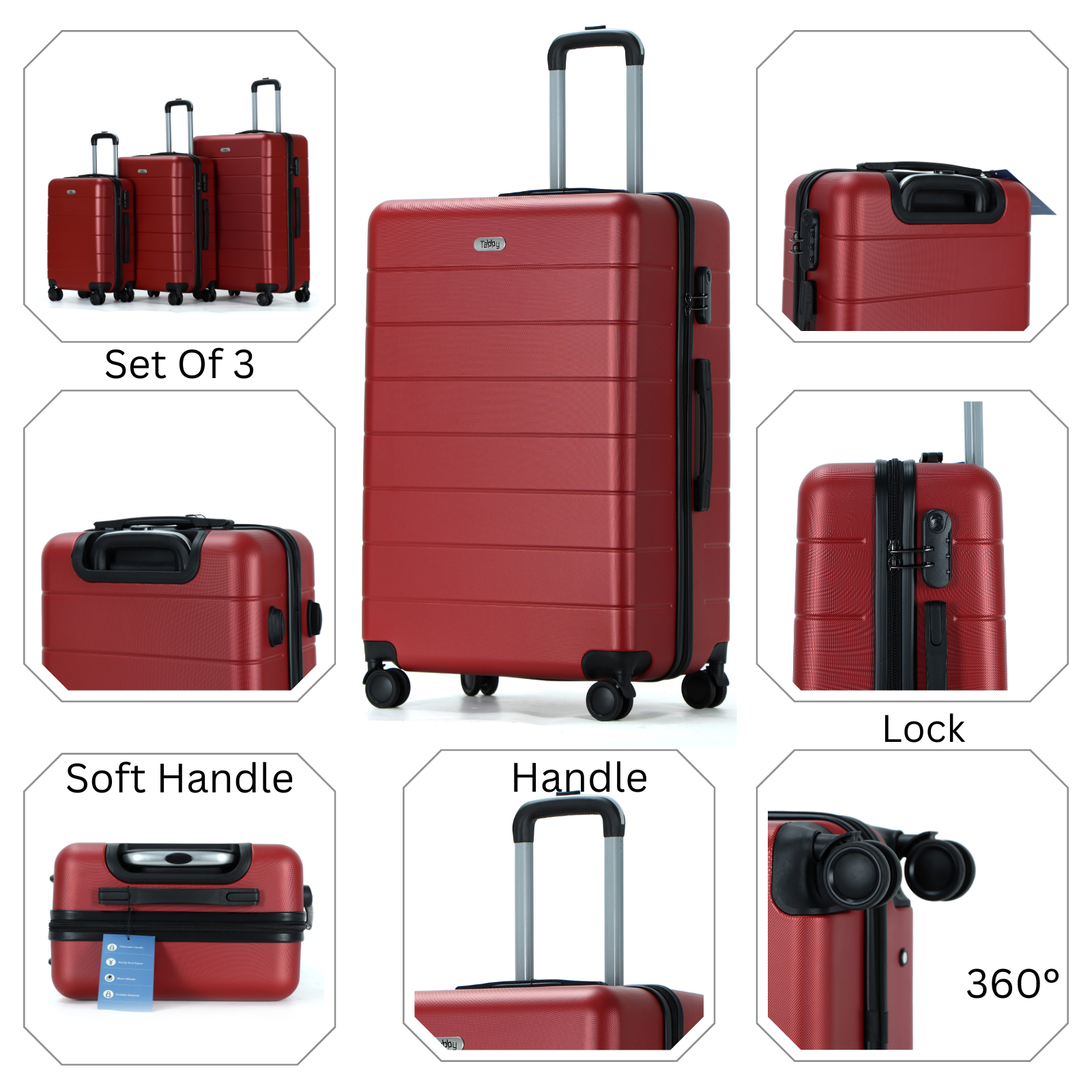 Easy Luggage Tabby Grooved 3 Piece Hard Shell Suitcase 360° Spinner Wheels Red Wine