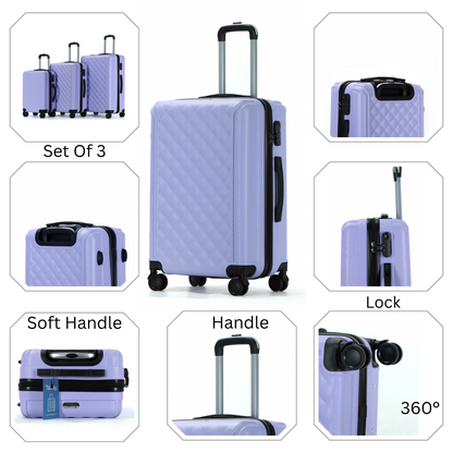 Easy Luggage Tabby Quilted 3 Piece Hard Shell Suitcases 360° Wheels Light Purple