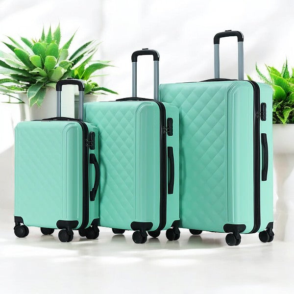 Tabby Quilted 3 Piece Hard Shell Suitcases 360° Wheels Light Green