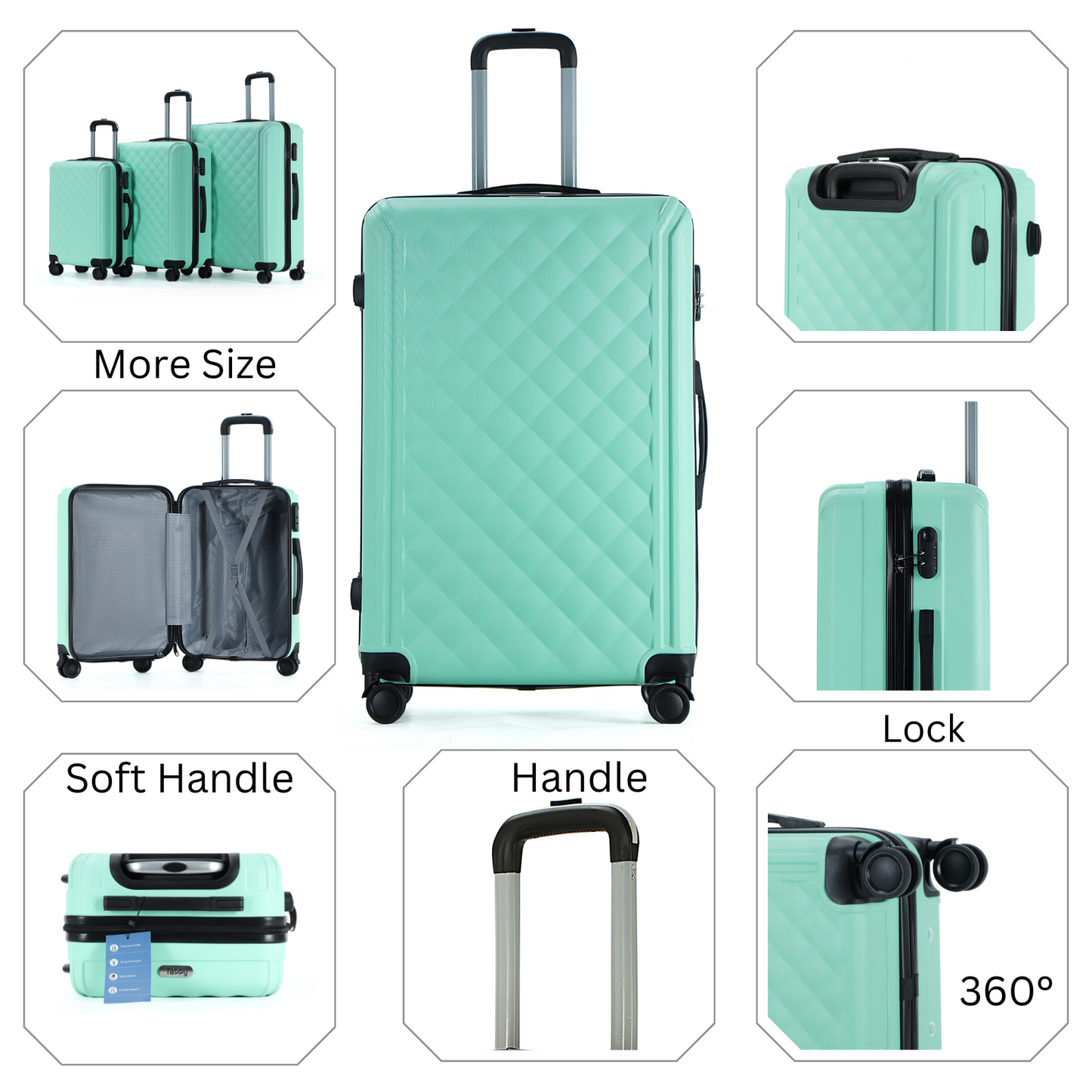 Easy Luggage Tabby Quilted 3 Piece Hard Shell Suitcases 360° Wheels Light Green