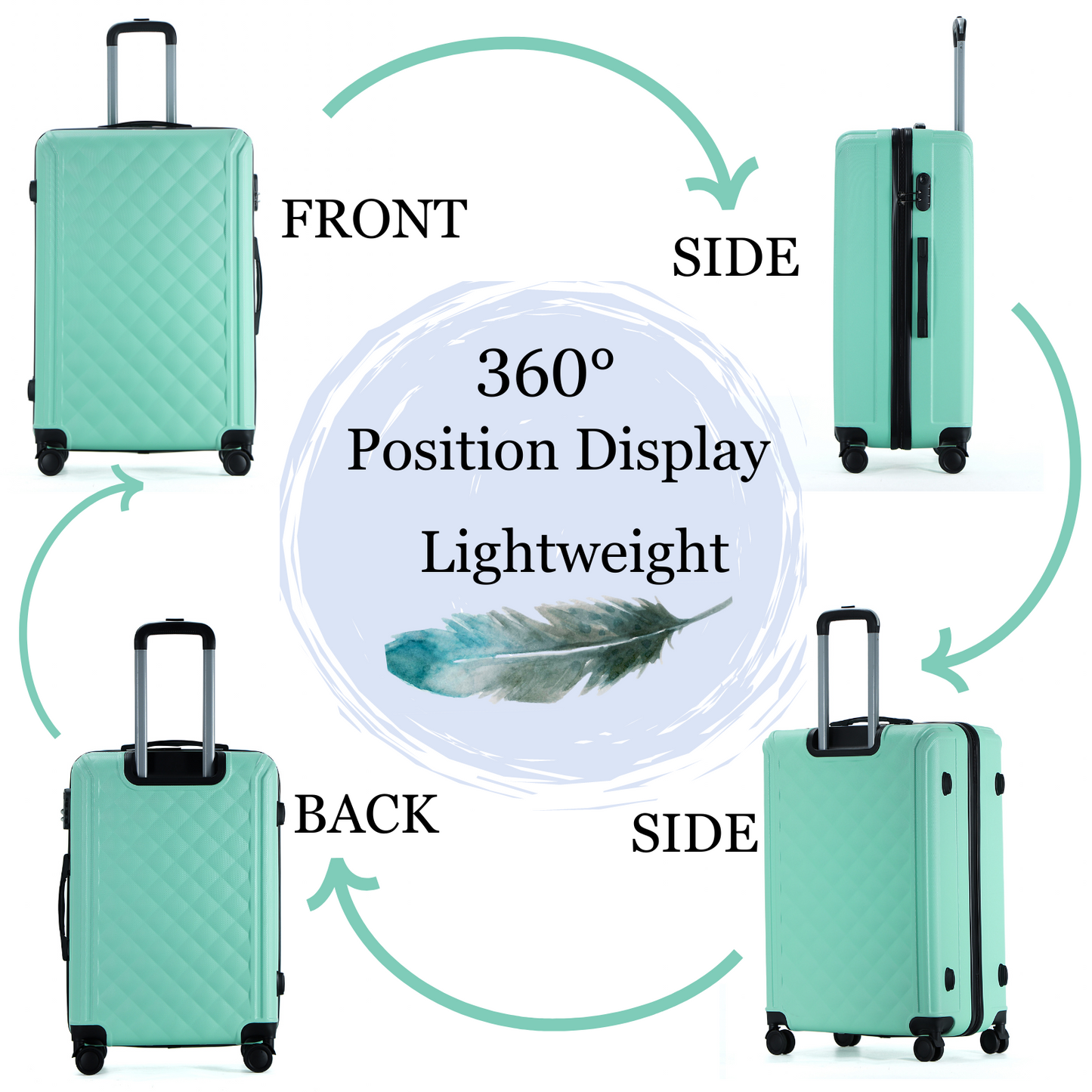 Easy Luggage Tabby Quilted 3 Piece Hard Shell Suitcases 360° Wheels Light Green