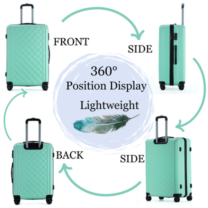 Easy Luggage Tabby Quilted 3 Piece Hard Shell Suitcases 360° Wheels Light Green