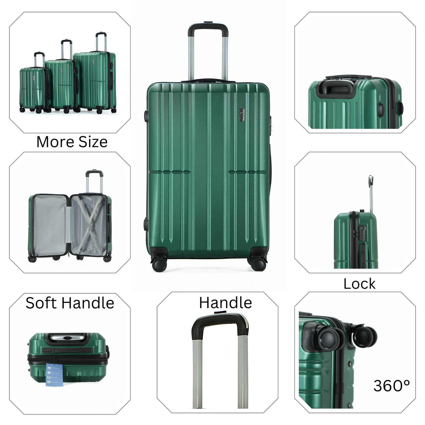 Easy Luggage Tabby Ribbed 3 Piece Hard Shell Suitcase 360° Spinner Wheels Dark Green