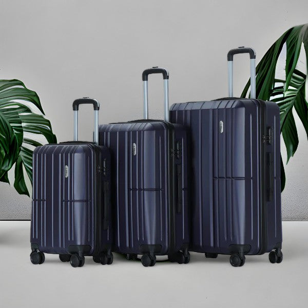 Tabby Ribbed 3 Piece Hard Shell Suitcase 360° Spinner Wheels Navy Blue