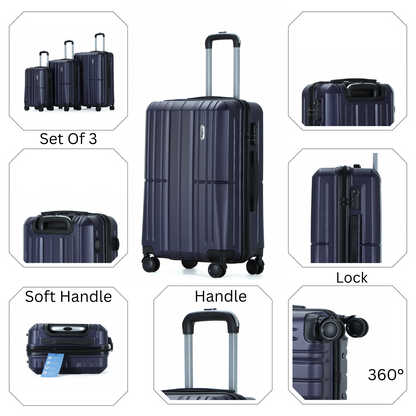 Easy Luggage Tabby Ribbed 3 Piece Hard Shell Suitcase 360° Spinner Wheels Navy Blue