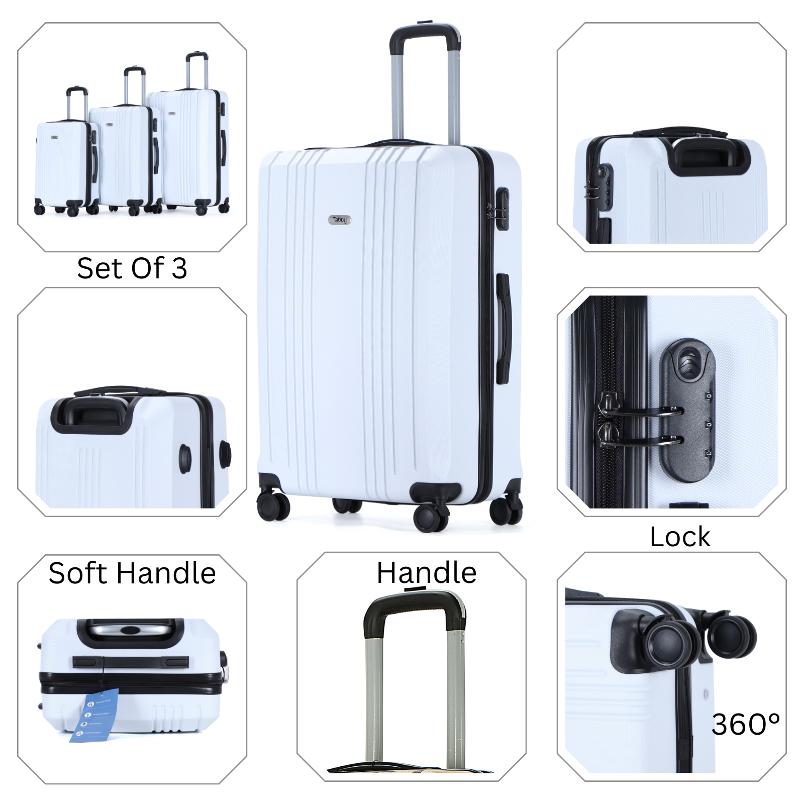 Easy Luggage Tabby Voyager 3 Piece Hard Shell Suitcase 360° Spinner Wheels White