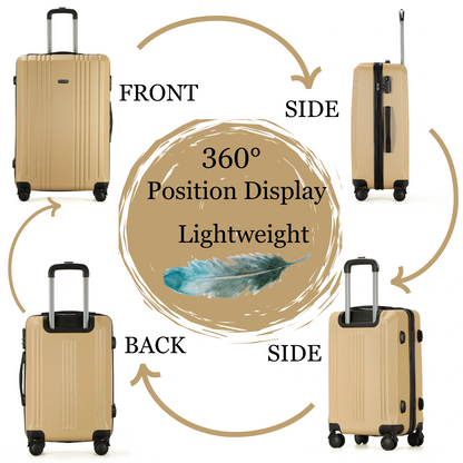 Easy Luggage Tabby Voyager 3 Piece Hard Shell Suitcase 360° Spinner Wheels Champagne Gold