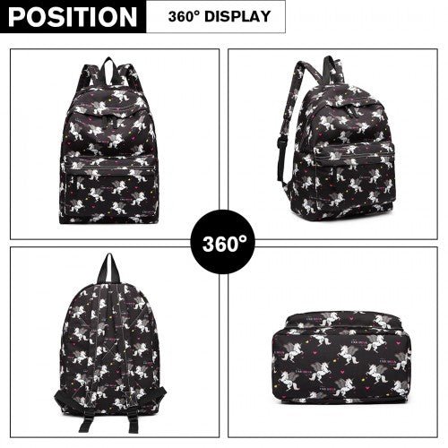 E1401 UN - Miss Lulu Large Backpack Unicorn Print - Black - Easy Luggage