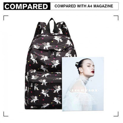 E1401 UN - Miss Lulu Large Backpack Unicorn Print - Black - Easy Luggage