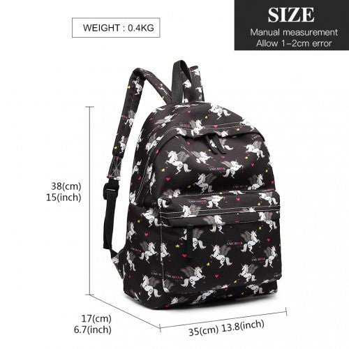E1401 UN - Miss Lulu Large Backpack Unicorn Print - Black - Easy Luggage