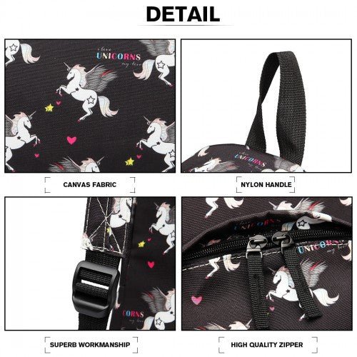 E1401 UN - Miss Lulu Large Backpack Unicorn Print - Black - Easy Luggage