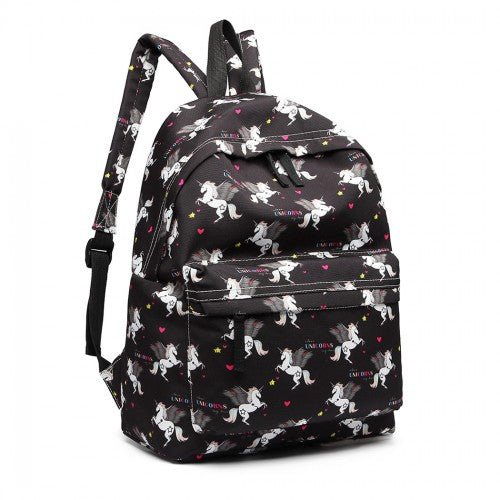 E1401 UN - Miss Lulu Large Backpack Unicorn Print - Black - Easy Luggage