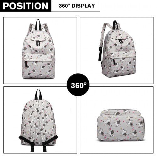 E1401 UN - Miss Lulu Large Backpack Unicorn Print - Grey - Easy Luggage