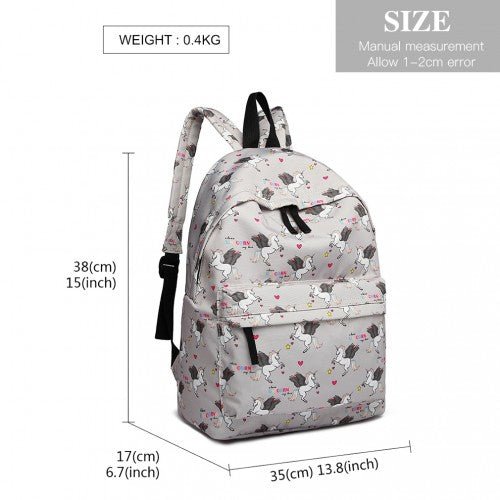 E1401 UN - Miss Lulu Large Backpack Unicorn Print - Grey - Easy Luggage
