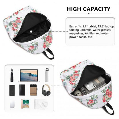 E1401F - Miss Lulu Large Backpack Flower Polka Dot - White - Easy Luggage