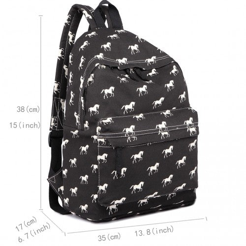 E1401H - Miss Lulu Horse - Print Cotton Canvas School Backpack - Black - Easy Luggage