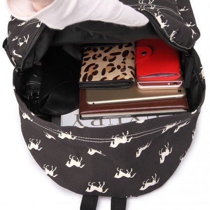 E1401H - Miss Lulu Horse - Print Cotton Canvas School Backpack - Black - Easy Luggage