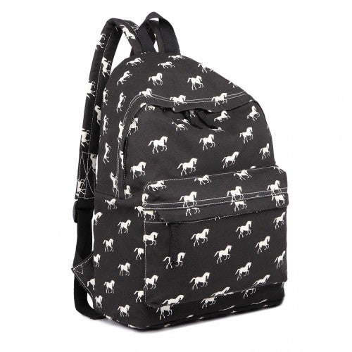 E1401H - Miss Lulu Horse - Print Cotton Canvas School Backpack - Black - Easy Luggage