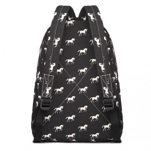 E1401H - Miss Lulu Horse - Print Cotton Canvas School Backpack - Black - Easy Luggage