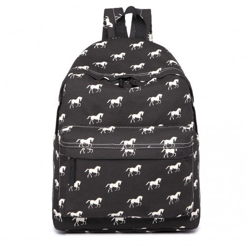 E1401H - Miss Lulu Horse - Print Cotton Canvas School Backpack - Black - Easy Luggage