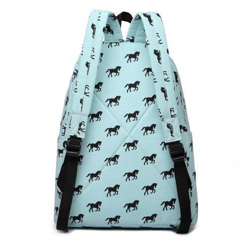 E1401H - Miss Lulu Horse - Print Cotton Canvas School Backpack - Blue - Easy Luggage