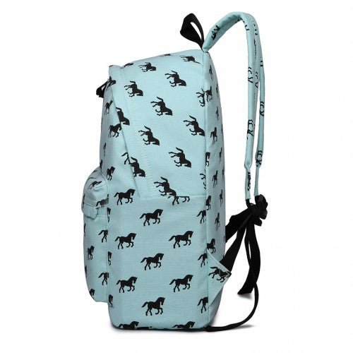E1401H - Miss Lulu Horse - Print Cotton Canvas School Backpack - Blue - Easy Luggage