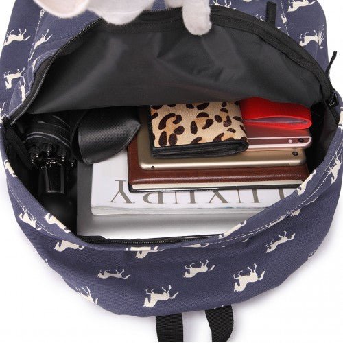 E1401H - Miss Lulu Horse - Print Cotton Canvas School Backpack - Navy - Easy Luggage