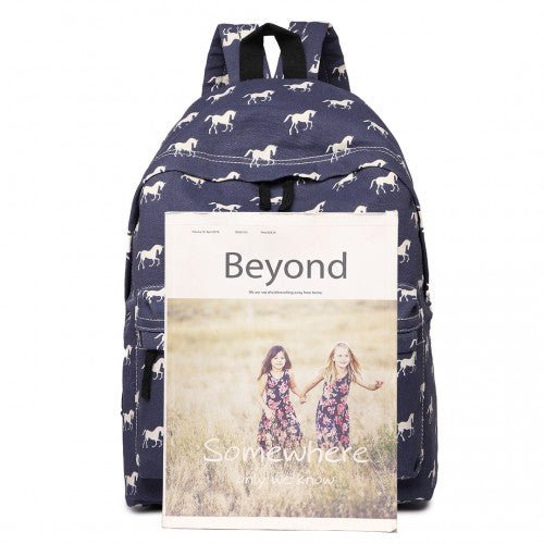 E1401H - Miss Lulu Horse - Print Cotton Canvas School Backpack - Navy - Easy Luggage