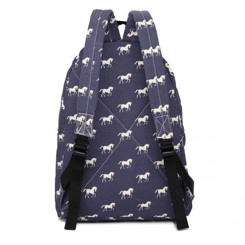 E1401H - Miss Lulu Horse - Print Cotton Canvas School Backpack - Navy - Easy Luggage