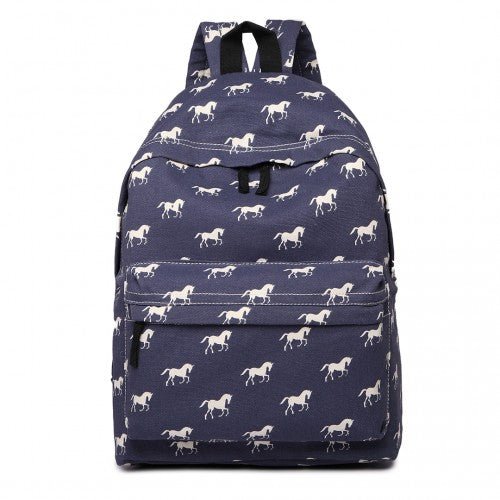 E1401H - Miss Lulu Horse - Print Cotton Canvas School Backpack - Navy - Easy Luggage