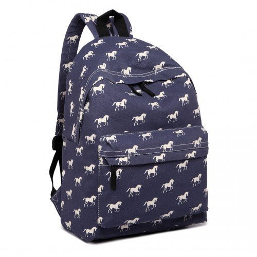 E1401H - Miss Lulu Horse - Print Cotton Canvas School Backpack - Navy - Easy Luggage