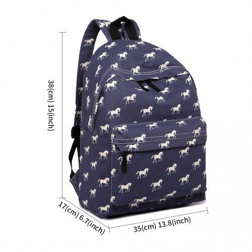 E1401H - Miss Lulu Horse - Print Cotton Canvas School Backpack - Navy - Easy Luggage