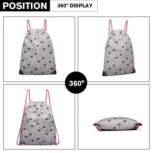 E1406 - UN - Miss Lulu Unicorn Print Drawstring Backpack - Grey - Easy Luggage