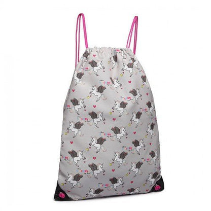 E1406 - UN - Miss Lulu Unicorn Print Drawstring Backpack - Grey - Easy Luggage