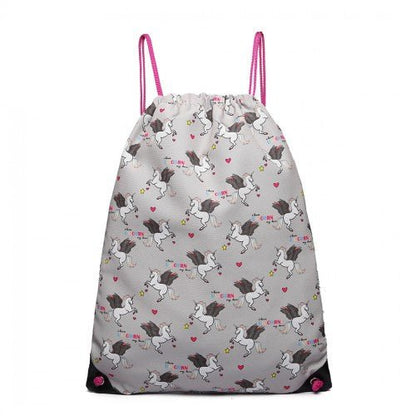 E1406 - UN - Miss Lulu Unicorn Print Drawstring Backpack - Grey - Easy Luggage