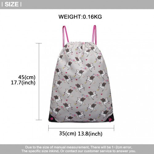 E1406 - UN - Miss Lulu Unicorn Print Drawstring Backpack - Grey - Easy Luggage