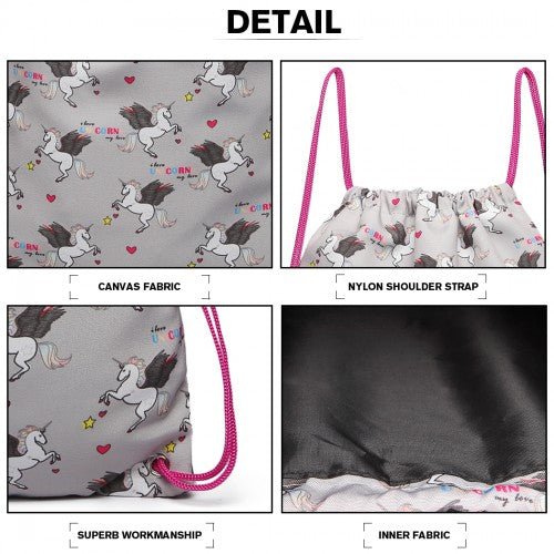 E1406 - UN - Miss Lulu Unicorn Print Drawstring Backpack - Grey - Easy Luggage