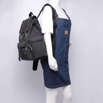 E1672 - Kono Large Multi Function Leather Details Canvas Backpack - Black - Easy Luggage