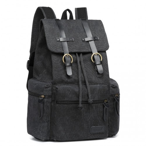 E1672 - Kono Large Multi Function Leather Details Canvas Backpack - Black - Easy Luggage