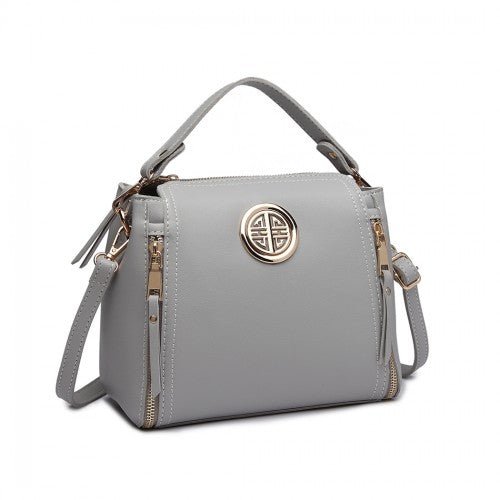 E1851 - Miss Lulu Leather Look Dual Zipped Handbag - Grey - Easy Luggage