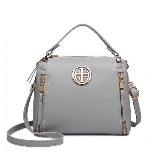 E1851 - Miss Lulu Leather Look Dual Zipped Handbag - Grey - Easy Luggage