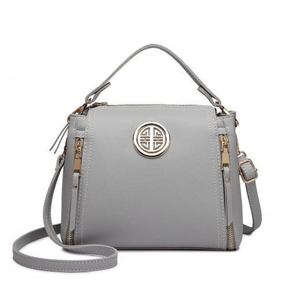 E1851 - Miss Lulu Leather Look Dual Zipped Handbag - Grey - Easy Luggage