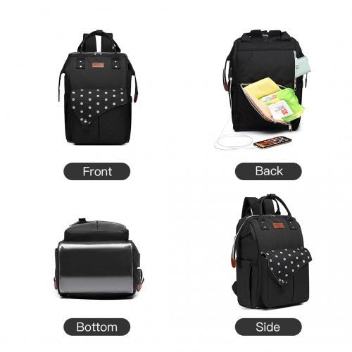 E1945 - KONO POLKA DOT MATERNITY BACKPACK BAG WITH USB CONNECTIVITY - BLACK - Easy Luggage