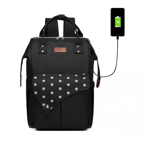 E1945 - KONO POLKA DOT MATERNITY BACKPACK BAG WITH USB CONNECTIVITY - BLACK - Easy Luggage