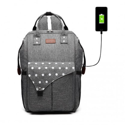 E1945 - KONO POLKA DOT MATERNITY BACKPACK BAG WITH USB CONNECTIVITY - GREY - Easy Luggage