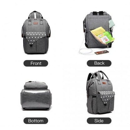 E1945 - KONO POLKA DOT MATERNITY BACKPACK BAG WITH USB CONNECTIVITY - GREY - Easy Luggage