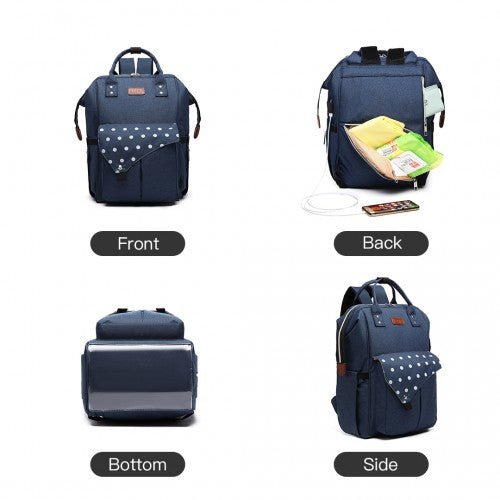 E1945 - KONO POLKA DOT MATERNITY BACKPACK BAG WITH USB CONNECTIVITY - NAVY - Easy Luggage